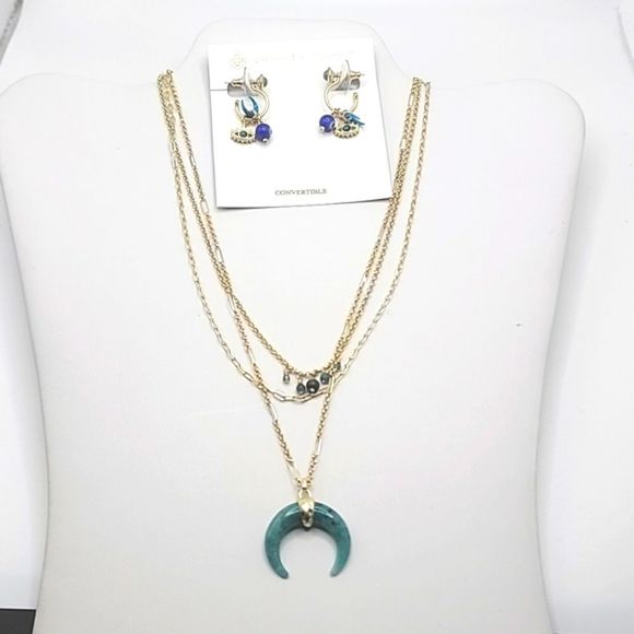 NWT KENDRA SCOTT GEMMA TEAL LABRADORITE 3 STRAND NECKLACE & HUGGIE EARRINGS SET - Picture 1 of 10